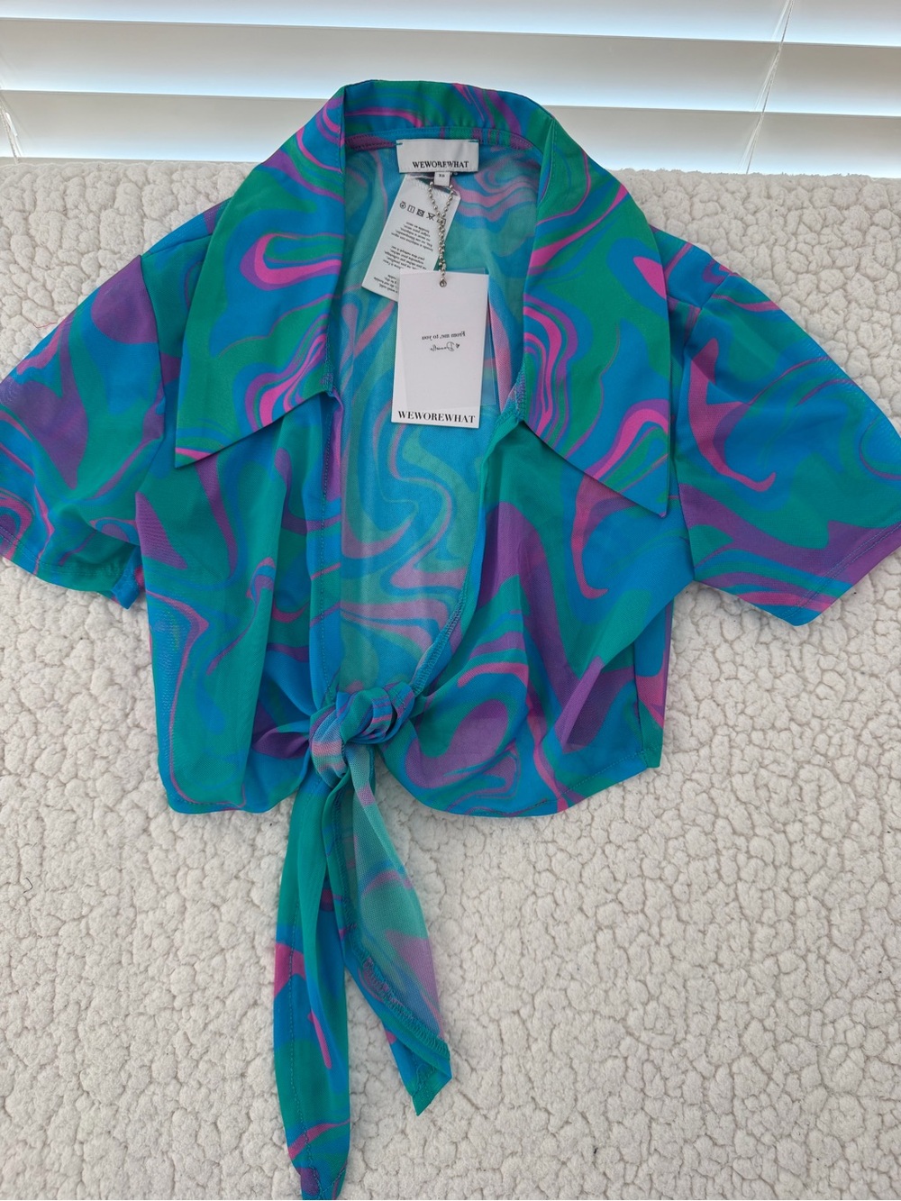 WeWoreWhat Teal Blue Purple Tie-Front Crop Top